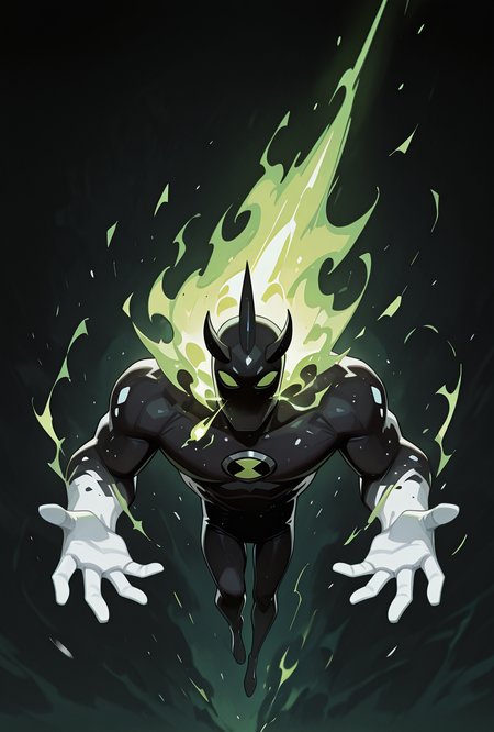 <lora:alienx-09:1> alienx, 1boy, green eyes, horns, matte black skin, dynamic pose, white hands, wide face, white spots on body,   <lora:Breath_weapon:1> breath_weapon ,green fire , spitting fire,, masterpiece, best quality, amazing quality, very aesthetic, absurdres, newest,
