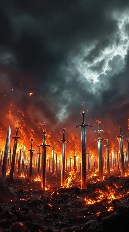 Image is a dramatic digital artwork depicting a fiery landscape with numerous swords embedded in the ground. The scene is set under a turbulent sky filled with dark, swirling clouds, contrasting with the intense orange and red flames that engulf the terrain. The swords, metallic and reflective, vary in size and are positioned at different angles, creating a sense of depth and chaos. The lighting is dynamic, with the flames casting a warm glow on the swords and the surrounding area, enhancing the apocalyptic atmosphere. The overall composition is diagonal, leading the viewer's eye from the foreground to the background, where the swords gradually diminish in size, suggesting a vast battlefield. The image conveys a sense of destruction and conflict, with the fiery elements dominating the scene.
