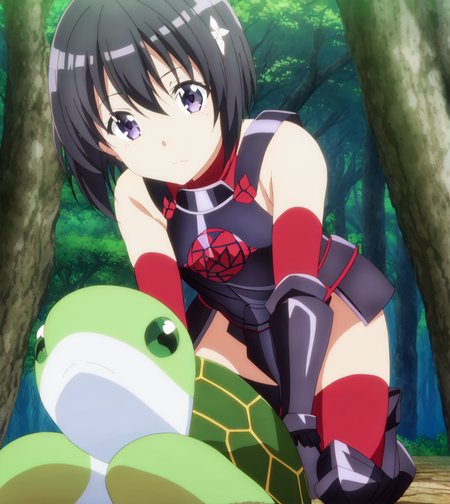 (syrup turtle), BoMaple black armor, aniscreen, 1girl, in forest, skindentation, zettai ryouiki	, thigh, solo focus, close to viewer, knee, looking at viewer,  kneeling
<lora:bofuri_extract_convP01_linearP04:1>