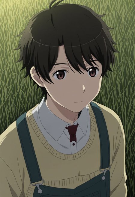 high resolution, solo, best quality, 1Boy, Inaho Kaizuka, Black Hair, Brown Eyes, grass, middle night, OverallDetail
