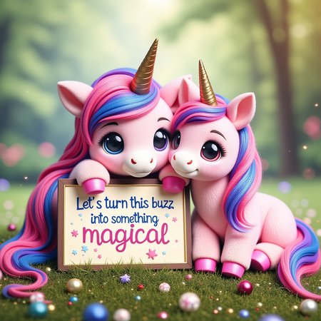 small zhibi, cute, A cute colorful unicorn leaning aginst a sign that says  "Let's turn this buzz into something magical." ((best quality)), ((masterpiece)), ((realistic)), (detailed), 