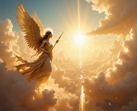 Masterpiece, 4k, epic, breeze, celestium, fantasy, angel with wings and halo and golden spear flying threw the clouds, sun, sun rays, particles, motion effect, sense of speed, side view, dutch angle
 <lora:artilands:0.8> <lora:Celestium:0.9>