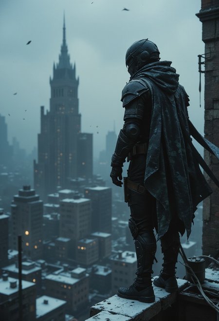 Extreme head closeup, cloudy, bright, high contrast, overlooking a snow-covered cityscape of towering skyscrapers and decaying buildings in a vast cyberpunk metropolis by night. The scene is shadowy and cool, with the specialist standing on the edge, Pees from the roof while standing, cloaked in a black military functional suit and a semi-transparent camo cloak. His cloak shimmers, reflecting faint, disappearing cyberpunk tiles like a glowing membrane. Emphasize the dark, dystopian atmosphere as his features are barely visible in the ambient neon glow. The chaotic sprawl of the towering structures contrasts with the sharp, meticulous details of the specialist, as he silently observes the city below. The cloak billows slightly in the wind, catching the dim light from the decaying metropolis. A chilling, post-apocalyptic mood fills the scene, filled with tension and mystery.