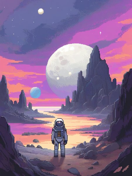 <lora:pixel style-000007:1>,pixel style,Picture an astronaut exploring the surface of a distant, alien planet. The landscape is dotted with bizarre rock formations and a vibrant, multicolored sky, with two moons visible in the distance. The astronaut looks in awe at the unfamiliar, yet beautiful, horizon.