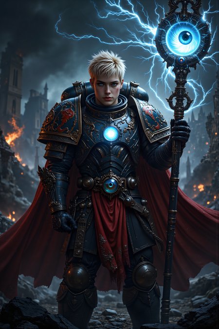 A hyper-realistic portrait, photorealistic photo close-up image of  A close-up portrait of a young male Space Marine Librarian with short, spiked blond hair and fair, battle-scarred skin. Heâs standing in the middle of a ruined battlefield, holding a glowing, blue psychic staff topped with a strange, floating eye that constantly shifts and blinks. His dark red power armor is etched with arcane symbols and wards, and a long, flowing cape of deep red fabric flutters in the wind behind him. A strange, blue halo of psychic energy hovers above his head, crackling with power as he channels his psychic might through the staff. The battlefield around him is a desolate wasteland, littered with the debris of war and shrouded in a thick, acrid smoke. His piercing blue eyes are focused on the staffâs eye, his expression one of intense concentration as he communes with the strange artifact. The eye on the staff glows with a deep, otherworldly light, reflecting the Librarianâs power and determination. The ground beneath him trembles slightly, as if reacting to the psychic energy he is unleashing, and the air around him crackles with raw, untamed power. (photography, high-resolution, dynamic, energetic,hyper-realistic, dramatic lighting, shallow depth of field.), detailmaximizer, MythP0rt<lora:midjourney_whisper_flux_lora_v01:0.55><lora:aidmaMJ6.1-FLUX-V0.1:0.4><lora:FluxMythP0rtr4itStyle:0.4><lora:detailed_flux_ntc:2.2><lora:aidmaImageUpgrader-FLUX-V0.1:0.65>