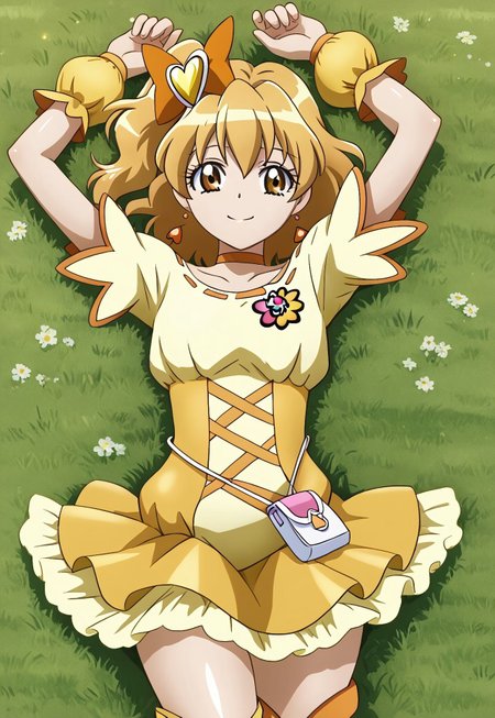 detailed background, shiny skin, posing,
<lora:curepine.pony:1>,
curepine, wide hips, 
 high quality, solo, lying, on back, arms up, spread arms, closed mouth, on grass, cowboy shot, looking at viewer, smile, best quality