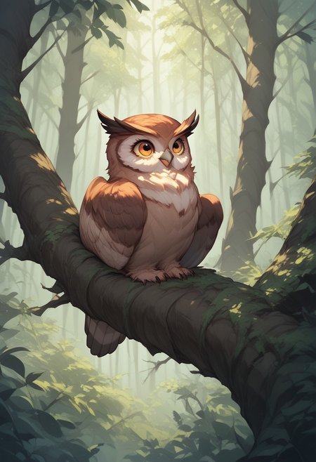 fl00ffymadn3ss, score_9, score_8_up, score_7_up, masterpiece, best quality, absurdres, vibrant, highly detailed, a cute pygmy owl, perched on tree branch, forest