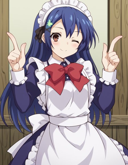 score_9, score_8_up, score_7_up, source_anime, <lora:shiori-itsuka-s2-ponyxl-lora-nochekaiser:1>, shiori itsuka, long hair, hair ornament, brown eyes, blue hair, hairclip, otoko no ko,, long sleeves, dress, bow, frills, bowtie, apron, red bow, maid, maid headdress, crossdressing, enmaided, shack, small, wood, old, rural, smile, <lora:double-finger-gun-ponyxl-lora-nochekaiser:1>, double finger gun,, blush, smile, one eye closed, from side, looking at viewer, solo,, dutch angle, cowboy shot