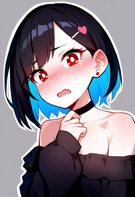 masterpiece, best quality, good quality, very aesthetic, absurdres, newest, 1girl, solo, looking at viewer, blush, (open mouth,:1.1) short hair, simple background, shirt, black hair, hair ornament, red eyes, dress, jewelry, bare shoulders, blue hair, collarbone, upper body, multicolored hair, short sleeves, heart, earrings, detached sleeves, choker, hairclip, fang, hand up, tears, grey background, off shoulder, black dress, two-tone hair, black choker, nose blush, bright pupils, colored inner hair, white pupils, outline, heart hair ornament, stud earrings, off-shoulder shirt,Big eyes,
Cute, Q, Side head, Dutch Angle, <lora:ponyv5_noobV065S_1_adamW-000013:0.7> <lora:MeMaXL4:0.7> <lora:style_nyanmix_styleXLIllustrious001:0.3>