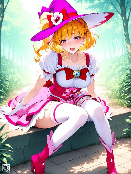 masterpiece, best quality, absurdres, amazing quality <lora:cfg_scale_boost:0.3> <lora:StS-Illustrious-Detail-Slider-v1.0:3> <lora:StS_Age_Slider_Illustrious_v1:3>,detailed_background,outdoors,white thighhighs,two-tone dress,hairband,purple eyes,artist logo,jewelry,boots,aegis \(theoryiv\),pearl earrings,blush,open mouth,witch hat,mahou girls precure!! mirai days,white gloves,high heels,corset,bow,gloves,long hair,solo,hat,precure,red bow,hair bow,logo,thighhighs,blonde hair,short sleeves,one side up,bowtie,pink footwear,smile,pink hat,high heel boots,magical girl,mahou girls precure!,red bowtie,cure miracle,copyright name,puffy sleeves,asahina mirai,brooch,earrings,pink hairband,puffy short sleeves,1girl