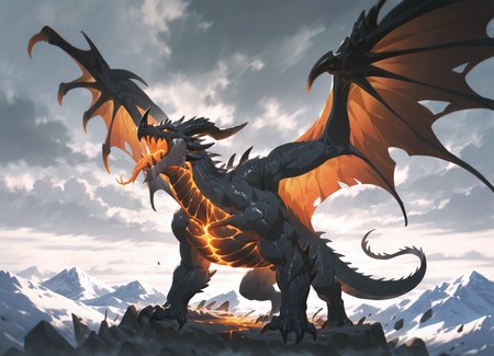((masterpiece, best quality)),highres,
konya karasue,flat color,lineart,full body,
year 2024,year 2023,
deathwing,dragon,monster,feral,muscular,(metal jaw:1.05),glowing chest crack,metal chest,white jaw,black horns,wings,orange eyes,multiple horns,nose horn,claws,solo,(black_scales:1.1),(black body:1.1),large wings,red dragon wings,spread wings,all fours,4 fingers,claws,toe claws,all fours,looking up,Growling,open mouth,saliva trail,saliva,roaring,tongue out,forked tongue,orange tongue,<lora:deathwing_noob_adamw8bit-000029:lbw=xl deathwing>,depth of field,grey sky,cloud,<lora:konyakarasuelokr_for_illustrious:0.5>,Volcano,magma,mountain range,cloud,