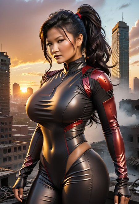 (( Kelly Hu with gigantic bulging breasts:1.4))), ((Cambodian woman)), ((heavy asian facial features)),  ((eyes slanted)),  brown eyes, muscular body,  ((black straight hair)), (((long ponytail))), ((red streaks in hair)), ((long side bangs)), ((red highlights in bangs)),  ((heavy asian facial features)), ((thick lips)),   (((huge boobs))),   (((tan skin))), golden skin, darkskin,  ((thick legs)),,  massive thighs,mega ponytail, big hair, slcn breasts BREAK small waist, 1girl, female, tactical black bodysuit, ((cleavage)),  fishnet fabric layer under bodysuit, ((extreme skindentation from her torn clothes:1.4), (((gigantic breasts))),  thicc figure, end of the world, (extra long curled eyelashes:1.6), (sunset apocalypse with an abandoned cyberpunk Boston in the  background:1.4), (shards of glass:0.3), (books on earth:0.3), correct scale, BREAK, ,<lora:more_details:0.5>, OverallDetail, KodakPhotoMaybe, braless, Wearing <clothes that make sense with Braless>, covered , impressionistic realism, destruction, ruined, mssv breasts, csybgh