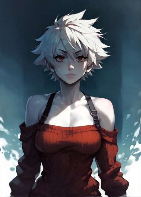 white skins, spiky red short tomboy hair, neutral expression, tight sweater, <lora:NAHIRI:1> nahiri, 1girl, solo, short hair, breasts, bare shoulders, white hair, colored skin,  <lora:RD-MAnon-XLV1.1:1>  female,, source_anime, score_9_up,  score_7_up, score_8_up