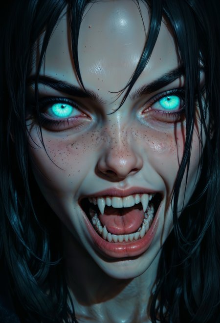 a close-up of a woman's face with an intense expression. Her skin is a pale, bluish hue, and her eyes are wide open with glowing, light blue irises. Her mouth is open in a scream, revealing sharp fangs. Her dark hair is wet and clings to her face, adding to the dramatic effect. The lighting is low, casting shadows that enhance the eerie atmosphere. The overall style is hyper-realistic with a focus on capturing the raw emotion and intensity of the subject's expression.