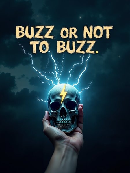 A Shakespearean-inspired scene set on a dark, stormy night, featuring a hand holding a glowing, electrified skull, reminiscent of Hamlet's iconic pose. The skull emits subtle blue lightning, crackling with energy. The phrase 'BUZZ OR NOT TO BUZZ' is displayed in a dramatic, old-English-style font above, as if pondering a powerful choice. A faint yellow thunderbolt symbol appears subtly on the skullâs forehead, symbolizing the inner energy and electrifying decision at hand. <lora:flux_hyperkraximalism-balanced:0.7>