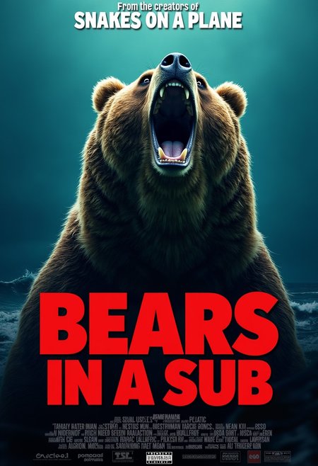 A Hollywood movie poster, featuring an angry bear roaring, bear focus, looking up, deep blue ocean background, upper text saying "From the creators of Snakes on a Plane", 
Bottom text, Massive heading, bold red text headline, movie title, "BEARS IN A SUB"
universal logo bottom right, parental guidance logo, blurry actor names bottom,