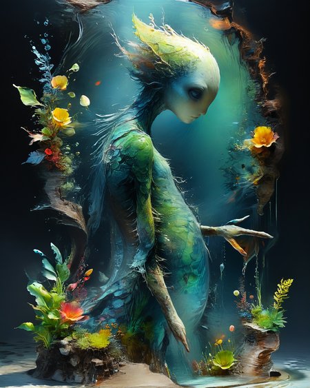 beautiful water elemental, (transparency:1.8), emerging from a pool of water, colorful organic bioluminescent patterns, full body, hyperrealistic, ultra resolution, professional photo, Jean-Baptiste Monge Style page <lora:add-detail-xl:0.8>  <lora:xl_more_art-full_v1:0.5>  <lora:Jean-Baptiste Monge Style:1>