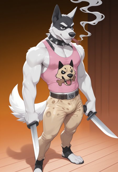 masterpiece,best quality,amazing quality, 1boy, solo, d0gg0, furry male, black mask, brown belt, dog treat, graphic on shirt, knife, knives, leopard pants, pink tank top, smoking, spiked collar, white tail,