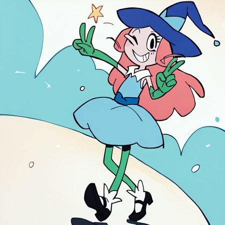 score_9, score_8_up, score_7_up BREAK LoveWitch, 1girl, long fuchsia hair, black eyes, blue witch hat, light blue hat band, white-collared sleeveless light blue dress, blue belt, long green gloves, green stockings, white socks, black mary jane shoes, cowboy shot, hands peace sign, smiling, winking,