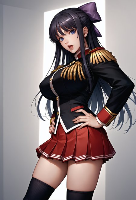 score_9, score_8_up, score_7_up, source_anime BREAK 1girl, solo, <lora:akaneryuuzouji-wr-richy-v1_pdxl:1> knrzj, blue eyes, black hair, long hair, hair bow, large breasts, school uniform, epaulettes, black shirt, long sleeves, red skirt, thighs, knee highs, standing, hands on hips, looking at viewer, open mouth, lips