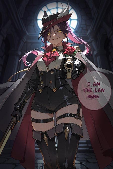masterpiece, best quality, very aesthetic, newest, absurdres, highres,
1girl, solo, 
upper body, 
 <lora:CloriRedYellowPurpleVerIllustriousV1:1> cloriredyellowpurplever, long hair, purple hair, yellow eyes, ponytail, hat, gloves, red ascot, rose, red scarf, gray cape, thigh boots, short shorts, black shorts, thigh strap,
(from below:1.3), smirk, looking at viewer, holding weapon, aiming at viewer, 
lens flare, dim lighting, rim lighting, sunlight, glowing theme, perspective, fisheye, blurry background, backlighting, dark background, glowing background, indoors, stone walls, dutch angle, 
<lora:MoriiMee_Gothic_Niji_Style_Illustrious_r1:0.3> artist:moriimee   <lora:dino_dinoartforameILL:0.5> dino_(dinoartforame)  <lora:washiya0:0.3>  <lora:96YOTTEA-WAI:0.3>
