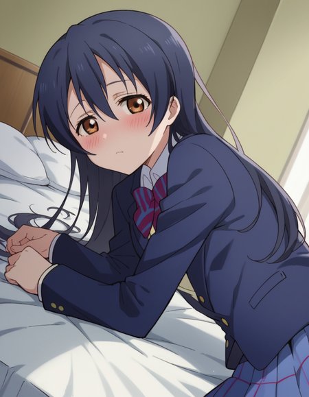 score_9, score_8_up, score_7_up, source_anime, <lora:umi-sonoda-s1-ponyxl-lora-nochekaiser:1>, umi sonoda, long hair, bangs, hair between eyes, brown eyes, blue hair,, skirt, school uniform, jacket, blazer, winter uniform, otonokizaka school uniform,, indoors, bed, bed room, on side, blush, drunk, looking at viewer, solo,, cowboy shot, dutch angle