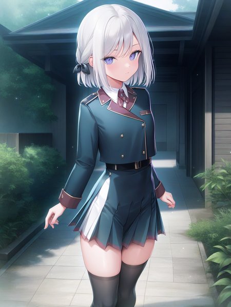masterpiece,best quality,amazing quality,very aesthetic,absurdres,newest,scenery,<lora:Katagiri Yui_ilxl_v1-000012:0.8>,katagiri yui,1girl,solo,standing,looking at viewer,white hair,short hair,black bow,hair bow,military uniform,skirt,black thighhighs,outdoors,