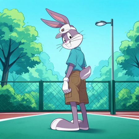 safe_pos, safe_pos, safe_pos, safe_pos, safe_pos, artwork, digital artwork, colorful source_e621, score_9, score_8_up, score_7_up, score_6_up, score_5_up, score_4_up, solo, bugs bunny, rabbit, rabbit boy, male, rabbit tail, rabbit ears, buck teeth, whiskers, black eyes, white sclera, 1boy, furry, fullbody, low view, from behind, looking back, looking overshoulder, overshoulder, looking at viewer, looking down, butt, tennis outfit, cargo shorts, detailed, detailed background, outdoors, outside, park, clothed, clothed, excellent detail, perfect detail, perfect eyes, perfect face, perfect mouth, perfect teeth, animal, natural lighting, hat, standing, 