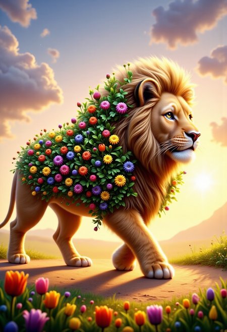 a majestic lion striding purposefully across the vast expanse of the African savanna. Golden sunlight bathes the landscape in a warm, inviting glow, while a soft, hazy sky stretches out infinitely above, painted in delicate tones of powder blue and lavender.
Now visualize the lion's silhouette becoming enveloped in a lush, verdant haze. As if transported magically from the jungle, a symphony of rich foliage fills the contours of the king of beasts' form. Graceful branches and leaves spill out from the edges of his muscular shoulders, draping down his flank like a mantle of emerald satin. Vines twist and coil around his powerful forelegs, while clusters of vibrant flowers bloom from the tufts of his ears and beard.
Despite this sudden eruption of plantlife, the lion moves with the same fluid ease and dignity as before. Each stride carries him calmly forward, hooves sinking softly into the sandy soil. His expression conveys a profound sense of peace and contentment, as if he were communing intimately with the very essence of the wilderness.
perspective, light and shadow, religious, mythological themes, magnificent, celestial, ethereal, moody, epic, majestic, magical, very aesthetic, rich details, 
surreal, concept-art, fantasy, beautiful, painterly, detailed, textural, artistic, aesthetic, intricate details, highly detailed, vivid,  volumetric lighting,
