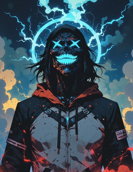 extreme close up of face with X for eyes, cracking X have energy leaking out of it, digital painting of a mysterious hooded figure standing in a cloudy sky. The figure's face is obscured by a dark mask with a glowing blue X for eyes and a wide, glowing blue smile. The figure wears a white hoodie with intricate black designs and symbols on the sleeves and chest. Above the figure's head is a glowing blue halo, and tendrils of dark energy or hair extend from the head, blending into the sky. the X for the Eyes is glowing. The background should be a dramatic, cloudy sky with a mix of light and dark tones, creating a surreal and ethereal atmosphere, highly detailed, vibrant colors, glowing effects, neon, <lora:Luminous_Shadowscape:0.6>, <lora:VividlySurreal:0.4>, <lora:NeonFantasyPrimeFLUX:0.6>, <lora:FluxMythP0rtr4itStyle:0.6>