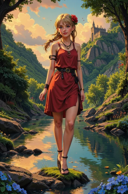box braids natural blonde hair young woman, druid, anime, illustration, extremely detailed, portrait, standing, happy smile, flower in hair, glossy lipstick, celtic necklace, crescent earrings, loincloth, sandals,  Rose Red druid short dress, legs, sharp focus, fantasy, celtic landscape, small rock, moss, ripples, reflections, celtic  castle, small river pond, druid forest, druid village, stunning nature environment, enchanted land, clovers, Bright Marines Blue flowers, best quality, colorful, wet floor, bright sunny sky, sunset, raytracing, hdr, high contrast, ethereal natural lights, backlight, lens flare, shadows, vibrant colors, colorful, pretty, beautiful, happy, smiling, feminine, sexy, lovely, in love, adorable, fashion,  <lora:Hand v2:1> <lora:Anti-Blur:1><lora:Insane Detail Slider:0.5>  <lora:flux.1_lora_flyway_Epic-detail_v2:0.3><lora:fluxenhancer:0.5> <lora:RetroAnimeFluxV1:0.4> <lora:Luminous_Shadowscape:0.4> <lora:SujatmikoArafuru_Flux:0.2> Suzume style