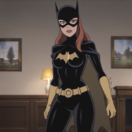 <lora:batgirlkillingjoke_pony_v1:.8>batgirlkillingjoke, 1girl, domino mask, black bodysuit, belt, yellow gloves, medium breasts, cape, superhero, cleavage, blue eyes, long hair, lipstick, cowboy shot