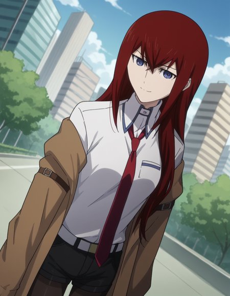score_9, score_8_up, score_7_up, source_anime,
kurisumakise, <lora:kurisu-makise-s1-ponyxl-lora-nochekaiser:1>,
kurisu makise, hair between eyes, hair over shoulder, long hair, purple eyes, red hair, straight hair,
black pantyhose, black shorts, brown coat, coat, collared shirt, long sleeves, necktie, pantyhose, pantyhose under shorts, shirt, short shorts, shorts, sleeves past wrists, white shirt, wing collar,
outdoors, cityscape, smile,
looking at viewer, cowboy shot, solo, dutch angle,