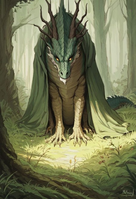 Highres, Masterpiece, High Quality, (masterpiece, best quality, highly detailed),
score_9, score_8_up, score_7_up, in the style of Beatrix Potter, 
lone dragon warrior travelling through the forest, dramatic light, daytime,