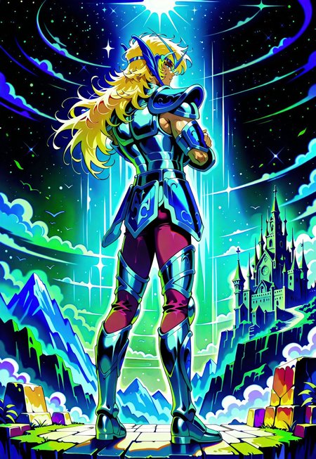 masterpiece,best quality,amazing quality, cephalbioreilxl, 1boy, male focus, toned male, blue eyes, wavy long hair, blonde hair, blue circlet, blue pauldrons, blue breastplate, elbow length vambraces, blue faulds, maroon pants, thighhigh greaves, fingerless gloves, full body,  back view, from behind, arms crossed, folding arms, arms folded, dark sky, csdb, castles