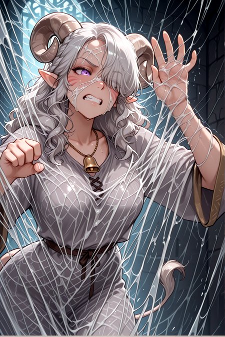 <lora:web_magic:1>  ( (covered_web on clothes,covered_web on face, )),   solo,  masterpiece, best quality, exploring, dungeon, robe,  clenched teeth, , masterpiece, best quality,  tiefling, pointy ears, tiefling, silver hair, ivory sheep horn,
<lora:Tiefling_bard_Diana_v2:0.9> red whisker_markings, silver long wavy hair, bell necklace, short pointy ears, purple eyes, tiefling_bard_diana:1.2,   hair over one eye, braid,  
cow tail:1.4,