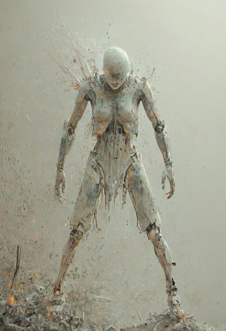 a combat cyborg, damaged, looking at the sunset over a faraway distopian city, colorful, muted rusted eroded paint, looking defeated,