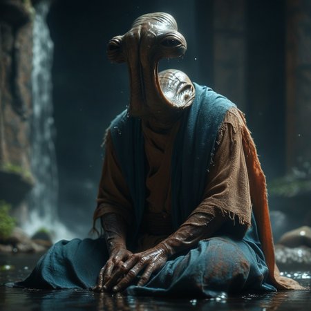 score_9, score_8_up, score_7_up, score_6_up, photo,  ithorian hammerhead alien, jedi robes, star wars jedi temple, sitting, meditating, solo, skin texture, moist skin, pores, dynamic lighting, detailed shadows, dim light