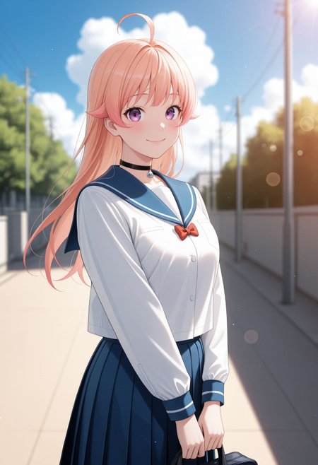 masterpiece,best quality,absurdres,highres,very aesthetic,high quality,detailed,insanely detailed,beautiful,perfect lighting, ,depth of field,blurry background,bokeh, looking at viewer,
 <lora:Wakatsuki Niko illu:1>1girl, school uniform, blue skirt, ahoge, purple eyes, long hair, smile, outdoors, black choker, looking at viewer, holding bag, pink hair, blue sky, blue sailor collar, serafuku, long sleeves, pleated skirt, red bow, day, cloud, white shirt, closed mouth, blush