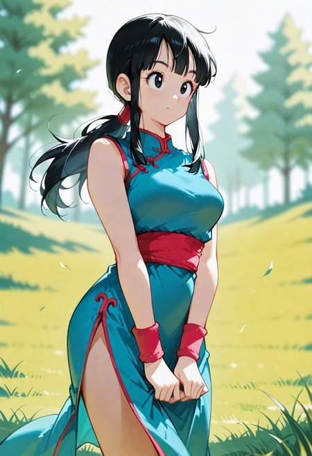 masterpiece, best quality, ultra-HD, high detail, depth of field, (blurred background), (dramatic lighting), very aesthetic,8k,
chichi, 1girl, solo, black hair, long hair, black eyes, sidelocks, bangs,
outfit_dbz, ponytail, chinese clothes, blue dress, wristband, sleeveless, ((side slit)), sash,  breasts, wind, skirt uplift, panic holding the skirt, panty, pastel colors, anime, outdoors, happy, trees, grass