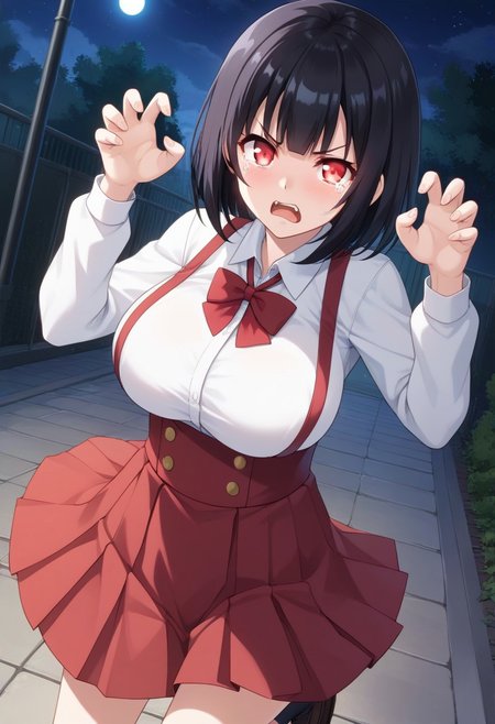 score_9,score_8_up,score_7_up,score_6_up, source_anime, BREAK, 
Hiraki Hanako, solo, (large breasts), pale skin, short hair, black hair, bangs, glowing eyes, red eyes, fangs, school uniform, collared shirt, white shirt, long sleeves, claw pose, large breasts, high-waist skirt, suspenders, red skirt, white socks, loafers, 
open mouth, angry, frown, tears, (tear drops), 
looking at viewer, (face shot), (dynamic angle), 
outdoors, (at night:1.3),