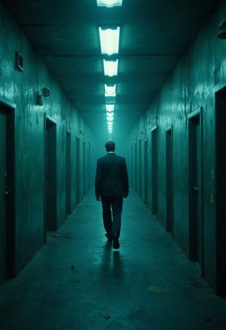 raw analog cinematic steadycam shot following a man in a suit running through a neverending maze of washed dirty blue liminal corridors with many doors weird architecture, backroom