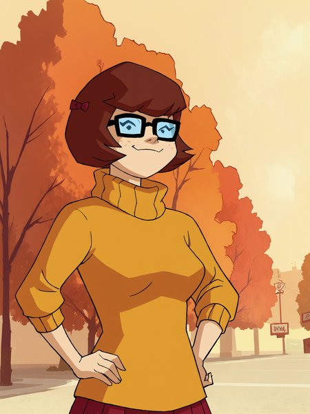 <lora:VelmaMysteryIPony1.0:1> velmad, 1girl, short hair, black eyes, orange turtleneck, black-framed eyewear, brown hair, solo, hair bow, red skirt,tree,freckles,upper body, score_9, score_8_up, score_7_up, score_6_up, score_5_up, score_4_up, smile, outdoors, looking at viewer, hand on own hip,