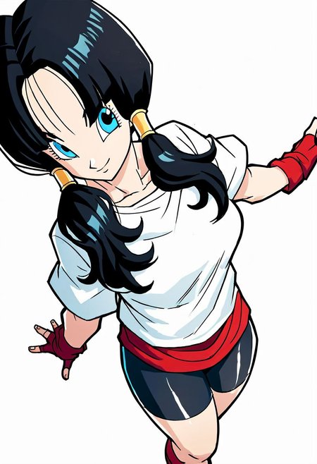 score_9_up, score_8_up, score_7_up, Score_6_up, Score_5_up, Score_4_up, source_anime, (masterpiece, perfectly detailed, detailed face, detailed eyes, beautiful eyes), (ultra HD quality details), 8K, extremely detailed, highres, Mevak_PS, videldbz, black hair, blue eyes, 1girl, bike shorts, black hair, blue eyes, breasts, closed mouth, fingerless gloves, gloves, long hair, looking at viewer, shirt, simple background, smile, solo, twintails, white background, white shirt