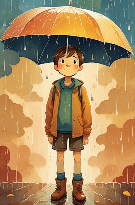 illustration of a 10-year-old boy in the rain,looking up at the falling sky from under an umbrella,in the style of warm color palette,cute and dreamy,childlike simplicity,simplistic cartoon,children's book illustrations,faded memories,subtle colors,thick texture --no details,
<lora:xl_more_art-full_v1:1>,, (((masterpiece))),(((best quality))),((ultra-detailed))