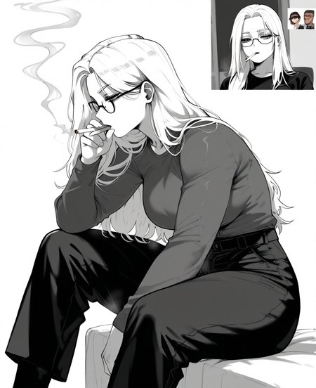 <lora:masoqC:1> masoqC,
(masterpiece), (best quality), (ultra-detailed), amazing quality, very aesthetic, illustration, perfect composition, intricate details, absurdres, incredibly absurdres, shiny skin, realistic,
 masoq, 1girl, cigarette, glasses, smoking, long hair, , monochrome, sitting, greyscale, solo,  cigarette, pants, reference inset, smoke, socks, breasts, general