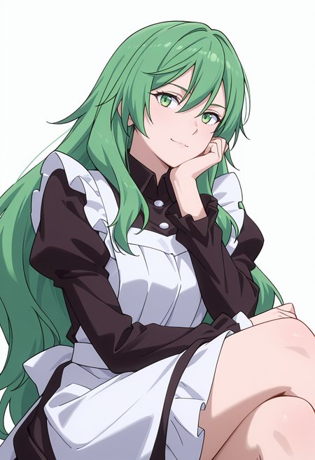 Smooth Quality,masterpiece,very intricate, high quality details, ultra realistic, high detailed skin,detailed enviorement,absurdres,
simple background, white background,solo,
sitting pose, legs crossed, one hand resting on chin, playful smile, relaxed shoulders,  ,dynamic angle,in heat,
 <lora:Misery_cnn:0.8> 1girl, green hair, green eyes, hair between eyes, frown, very long hair, sidelocks,dress, shirt,maid apron, puffy sleeves, long sleeves, juliet sleeves, enmaided,