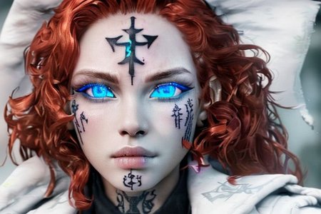 bright red hair, human female, (feminine:1.7), (beautiful face, detailed face:1.6), (beautiful eyes, detailed eyes:1.7), (looking at viewer, eye contact, intense:1.6), (long hair, red hair, curly hair:1.3), , ((masterpiece, best quality, high resolution, realistic, best quality,)), photo realistic, Perfect Face, (detailed face). <lora:GoodHands-vanilla:0.6> <lora:add-detail-xl:0.8>, mage, (Dress White military uniform coat), dagger, rune dagger, glowing runes, , (((glowing magic symbols tattoos, religious tattoos))), ((face tattoos)), glowing tattoos, stone tower in the background