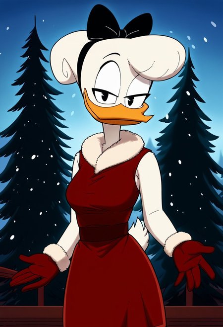 score_9, score_8_up, score_7_up, score_6_up, best quality, highres, source_furry, masterpiece, BREAK ppp BREAK
female, daisy, duck, beak, white skin, white body, white hair, black eyes, breasts, hair bun, centered hair bow,1girl, gloves, furry female, furry, dress, solo, smile, red dress, snow, outdoors,black eyes, fur-trimmed dress, fur-trimmed gloves, snowing, fur trim, breasts, christmas, standing, medium breasts, sleeveless, looking at viewer, tree, sleeveless dress, red gloves, half-closed eyes, happy, closed mouth, pine tree, orange dress
<lora:Drockdraw_Style:0.7>  <lora:Daisy_Duck3:0.9>
