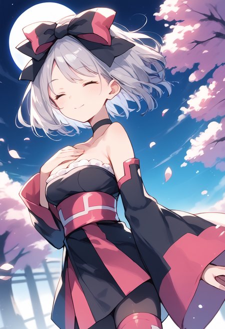 score_9,score_8_up,score_7_up,source_anime,masterpiece,best quality,1girl,solo,moimoippn,closed eyes,short hair,grey hair,hair bow,hair ribbon,choker,black dress,bare shoulders,detached sleeves,japanese clothes,black pantyhose,cleavage,pink thigh boots,from_side,dynamic_angle,smile,closed mouth,hand on own chest,night,full_moon,cherry blossoms,<lora:moimoi:1>,